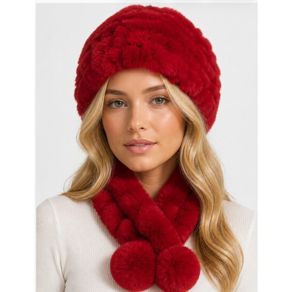 Belle Fare Nottingham Neck Warmer scarf & Stade Beanie Red Rex Rabbit Fur Set